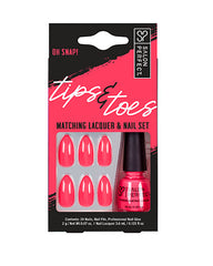 Salon Perfect Tips & Toes Set with vibrant red press-on nails and matching nail lacquer for a bold manicure.