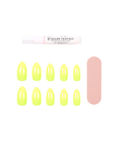 Salon Perfect Tips & Toes Set includes 24 neon yellow press-on nails, matching polish, nail file, and professional glue.