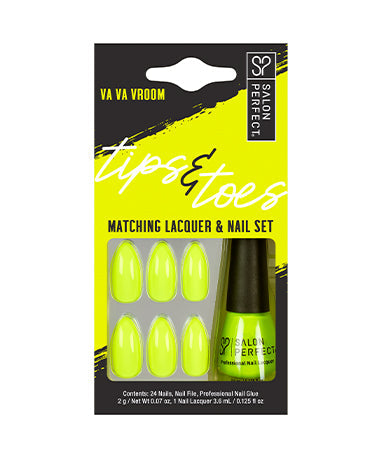 Salon Perfect Tips & Toes Set with neon yellow press-on nails and matching nail lacquer for a bold manicure.