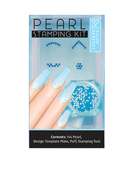 Salon Perfect Pearl Stamping Kit with 144 pearls, design template plate, puff, and stamping tool for elegant nail art.