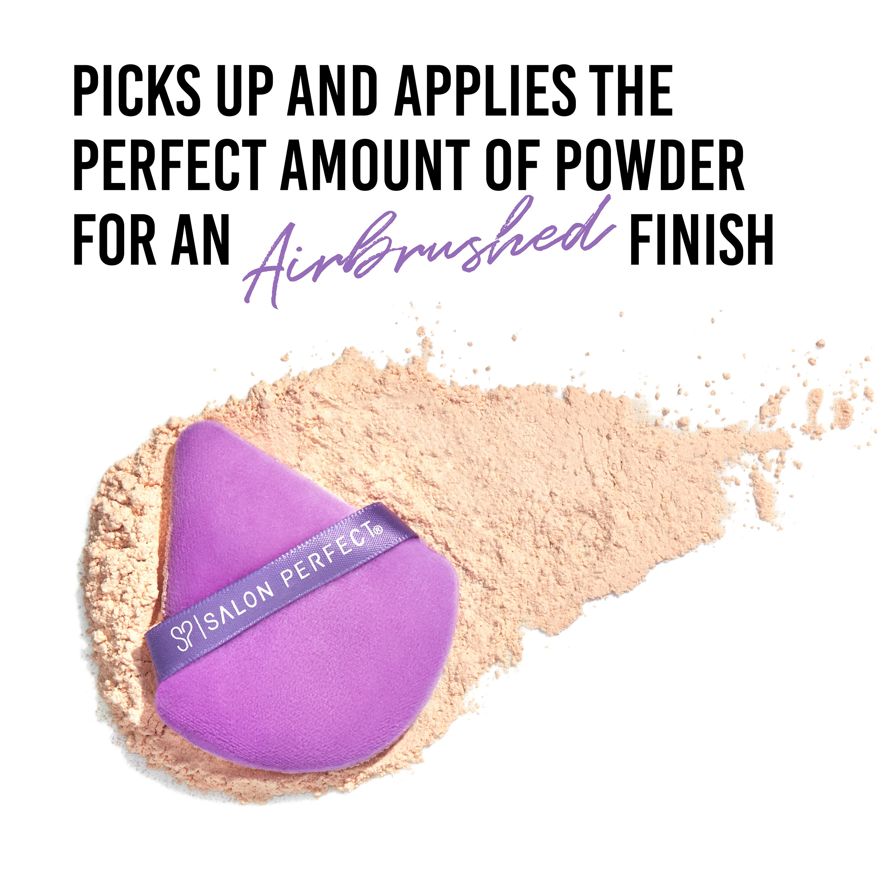 Purple makeup sponge with 'Salon Perfect' branding on a white background with text about powder application.