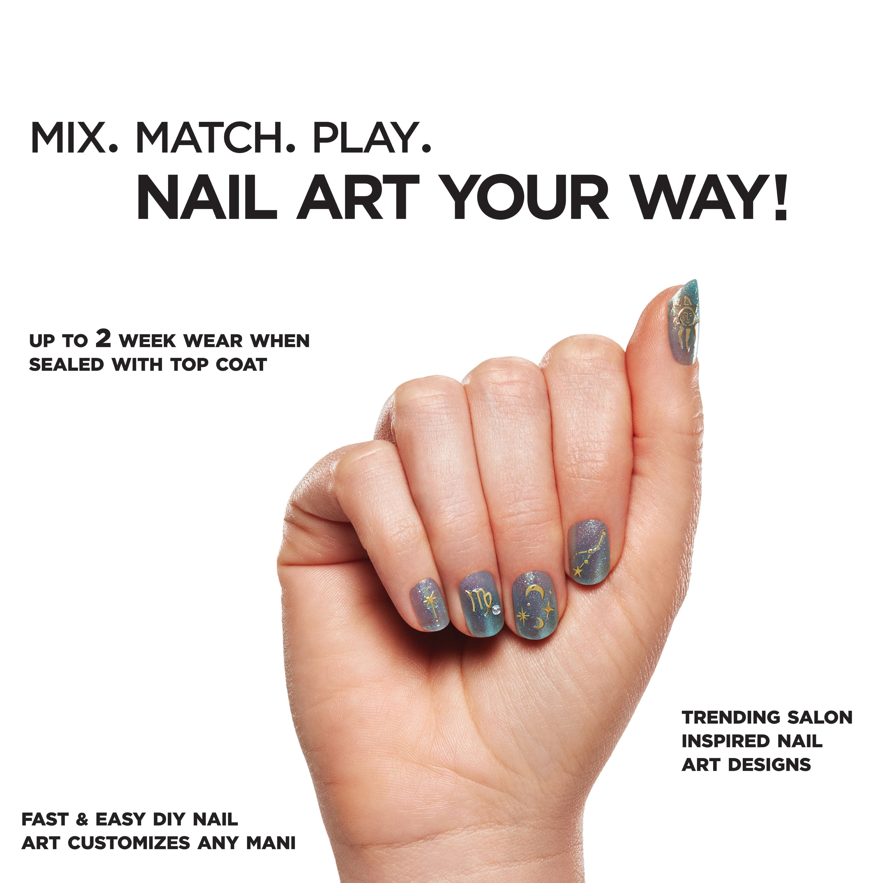 Instruction on how to apply Salon Perfect Nail Art Stickers Celestrial Charms.