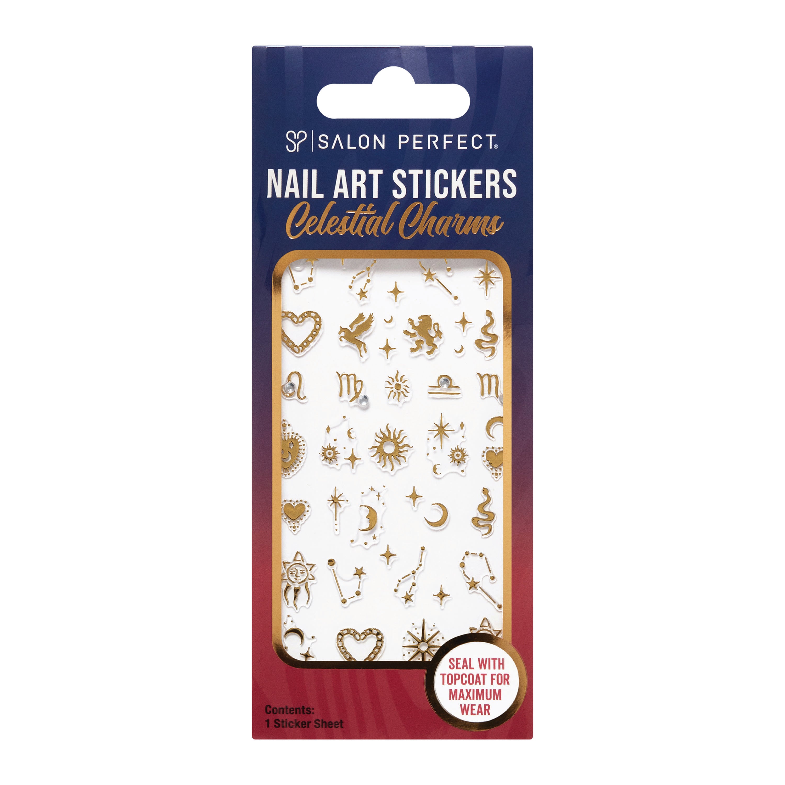A Front View of Salon Perfect Nail Art Stickers Celestrial Charms inside of retail unit carton packaging.