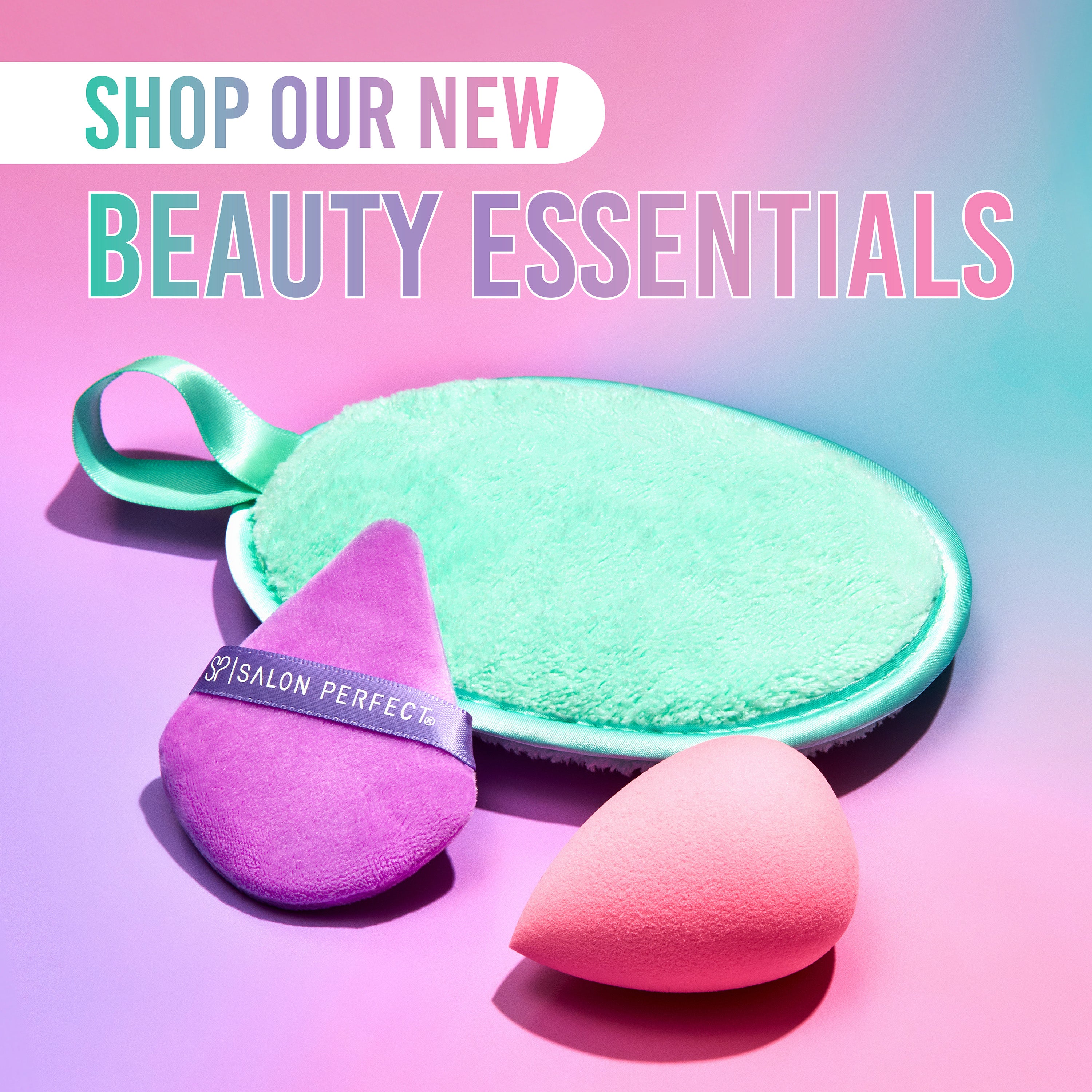 Three beauty products on a gradient pink and purple background with text 'Shop Our New Beauty Essentials'.