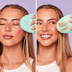 A deep skin Model using Salon Perfect Makeup Remover Pad to remove makeup.