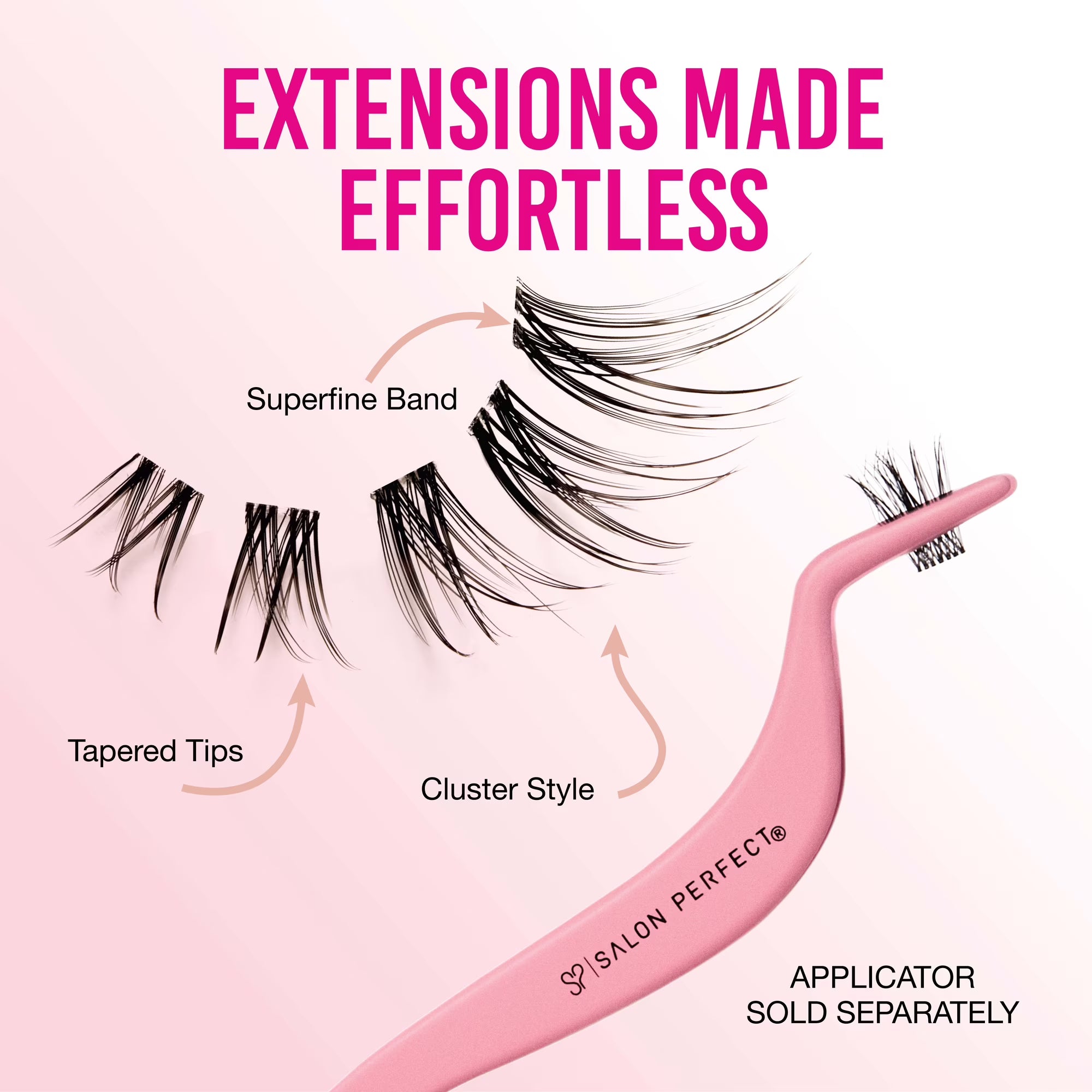 Close-up of eyelashes and applicator. Text: Extensions Made Effortless and applicator sold separately.