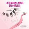 Close-up of eyelashes and applicator. Text: Extensions Made Effortless and applicator sold separately.