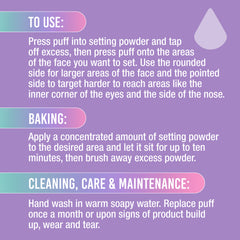 Instructions for using, baking, and cleaning a puff on a purple background