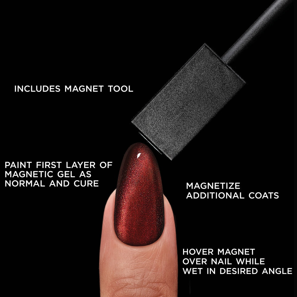 Salon Perfect .5oz 1-STEP GEL MAGNETIC GOLD displayed with the text stating the following: includes magnet tool, paint first layer of magnetic gel as normal and cure, magnetize additional coats, and hover magnet over nail while wet in desired angle 
