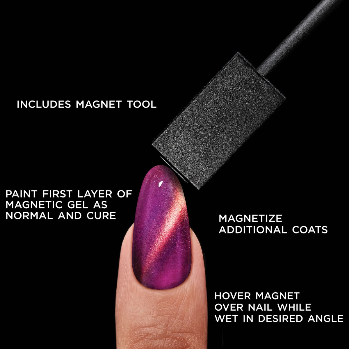 Salon Perfect .5oz 1-STEP GEL MAGNETIC PURPLE displayed partially with the text stating the following: includes magnetic tool, paint first layer of magnetc gel as normal and cure, magnetize additional coats, and hover magnet over nail while wet in a desir