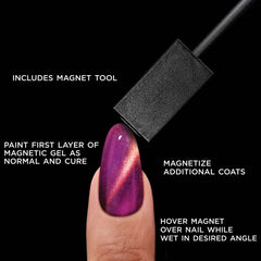 Salon Perfect .5oz 1-STEP GEL MAGNETIC PURPLE displayed partially with the text stating the following: includes magnetic tool, paint first layer of magnetc gel as normal and cure, magnetize additional coats, and hover magnet over nail while wet in a desir