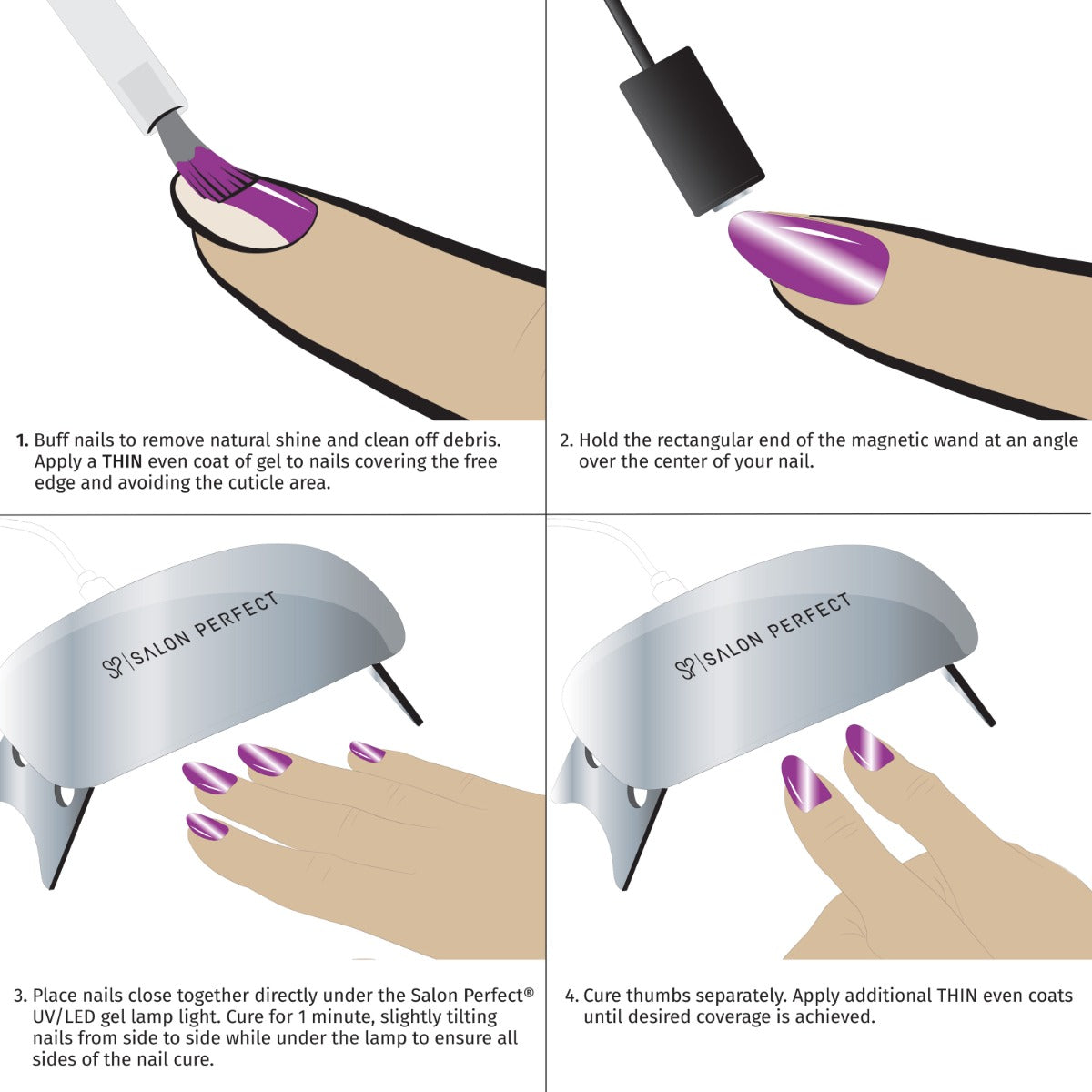 Step-by-step guide to applying and curing gel polish with Salon Perfect UV/LED lamp for a flawless manicure.