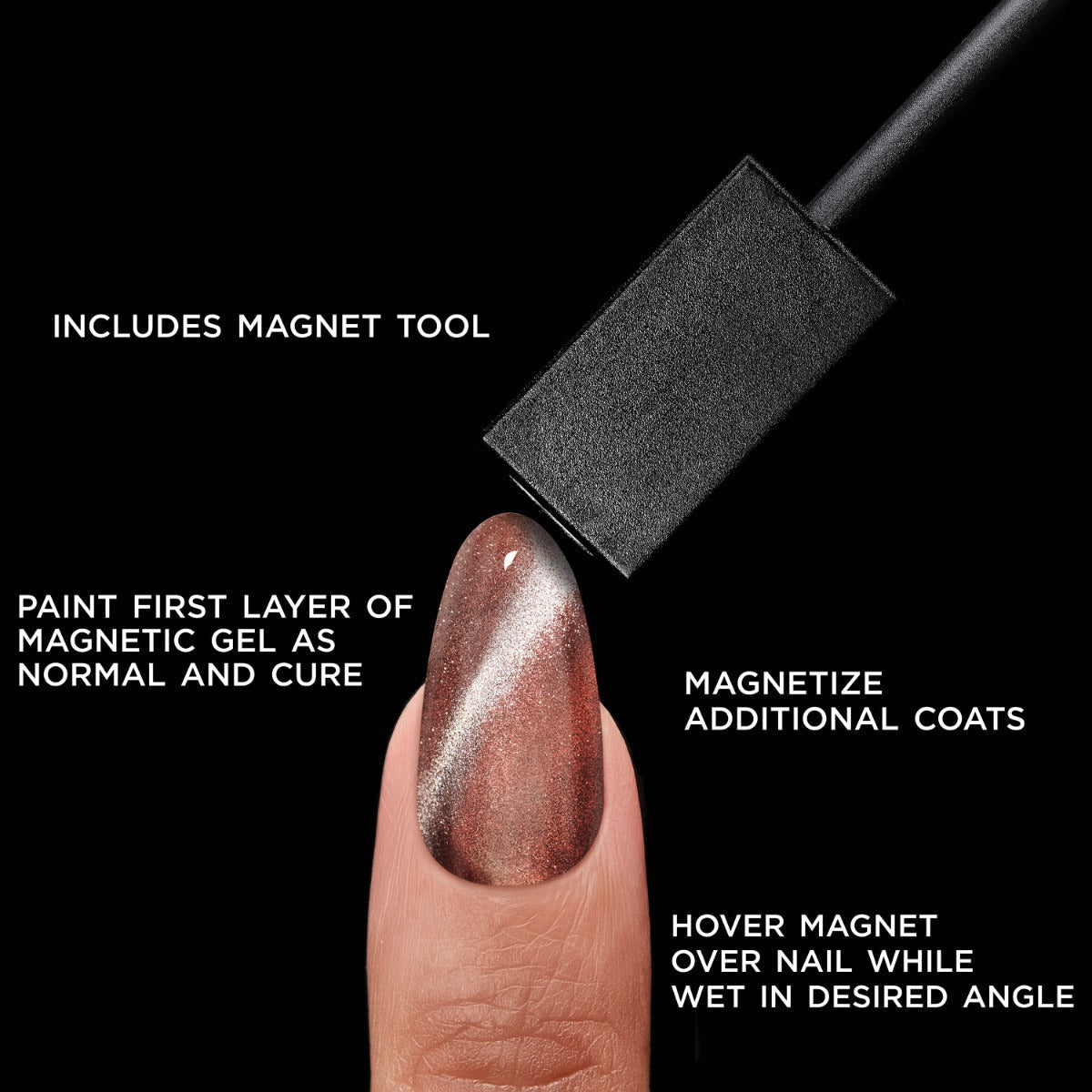 A nail wearing Salon Perfect .5oz 1-STEP GEL MAGNETIC SILVER with the following stated: includes magnet tool, paint first layer of magnetic gel as normal and cure, magnetize additional coats, and hover magnet over nail while wet in desired angle 
