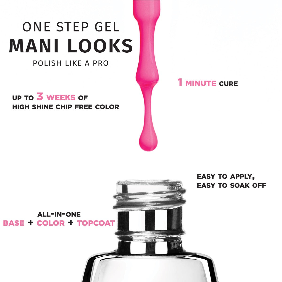 Salon Perfect .5oz 1-STEP GEL OH SNAP!  partially displayed stating too the following:  Up to 3 Weeks of High Shine Chip Free Color, 1 Minute Cure, All-in-One Base, Color, Topcoat, and Easy to Apply, and Easy to Soak off 