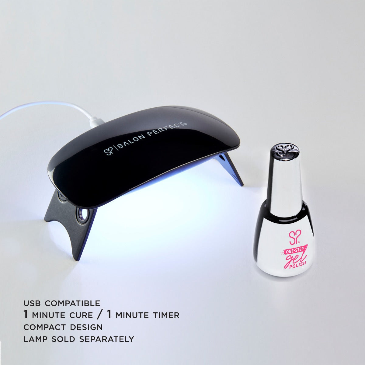 USB-compatible LED nail lamp for fast 1-minute gel curing. Compact design, lamp sold separately.