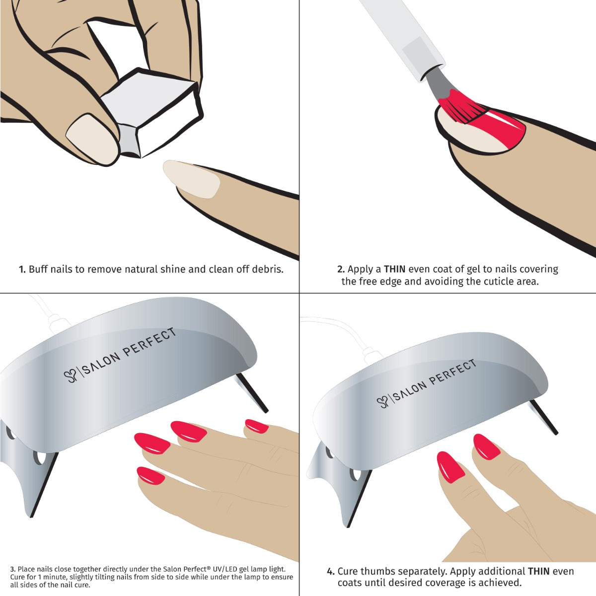 Step-by-step guide to applying and curing gel polish with Salon Perfect UV/LED lamp for a flawless manicure.