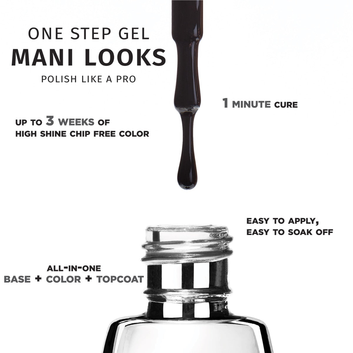 Salon Perfect .5oz 1-STEP GEL OIL SLICK partially displayed stating the following: up to 3 weeks of high shine chip free color, 1 minute cure, easy to apply, easy to soak off, all-in-one base, color, and top coat