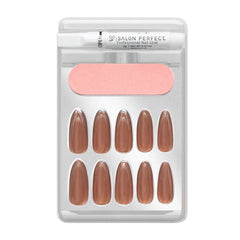 A front view of Salon Perfect Glazed Chocolate Artificial Nail Set with nail file and proffesional nail glue out of packaging