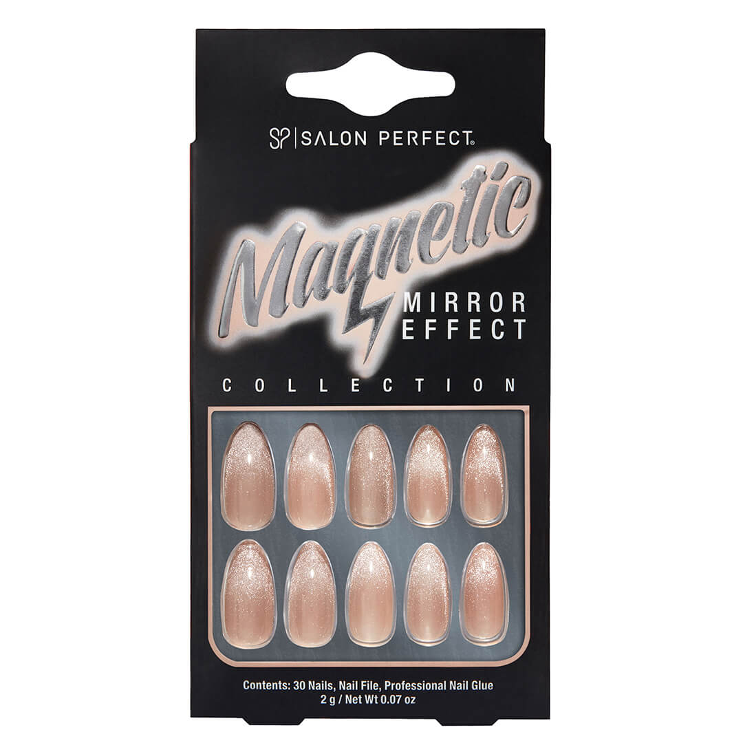 A front view of Salon Perfect Magnetic Silver Artificial Nail set in packaging