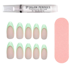 A front view of Salon Perfect Neon Modern French Mint Tip Artificial Nail Set with nail file and professional nail glue out of packaging