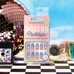 A stylize image of Salon Perfect Modern Nostalgia Almond Cloud Artificial Nail Set in packaging 