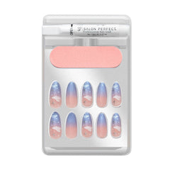 A front view of Salon Perfect Modern Nostalgia Almond Cloud Artificial Nail Set with nail file and professional nail glue out of the packaging