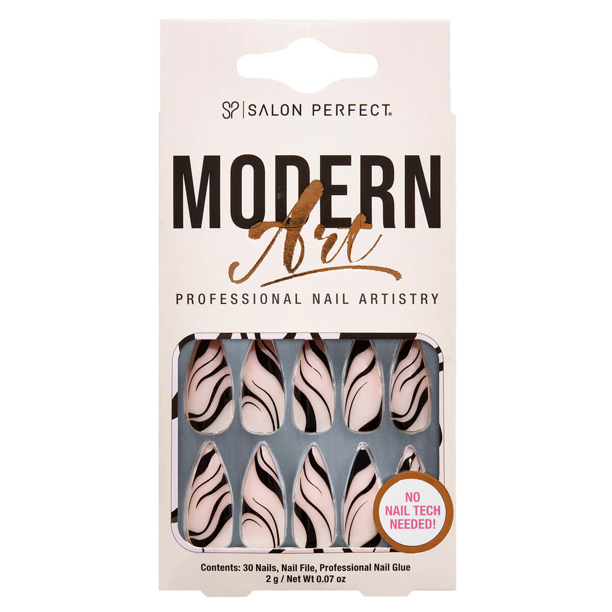 A front view of Salon Perfect Modern Art Black Swirl Stiletto  Artificial Nail set in packaging