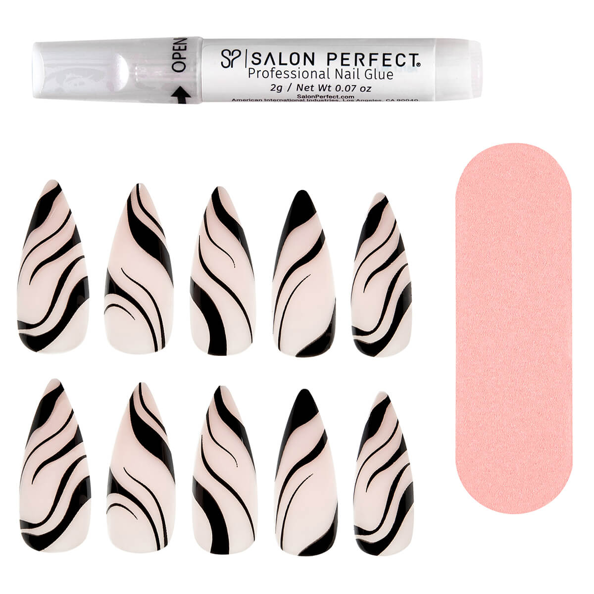 A front view of Salon Perfect Modern Art Black Swirl Stiletto Artificial Nail Set with nail file and professional nail glue out of the packaging