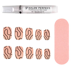 A front view of Salon Perfect Modern Art Short Black Lines Artificial Nail Set with nail file and proffesional nail glue out of packaging