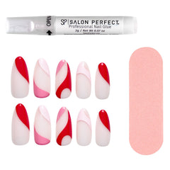 A front view of Salon Perfect Modern Art Pink Swirl Artificial Nail Set with nail file and proffesional nail glue out of packaging
