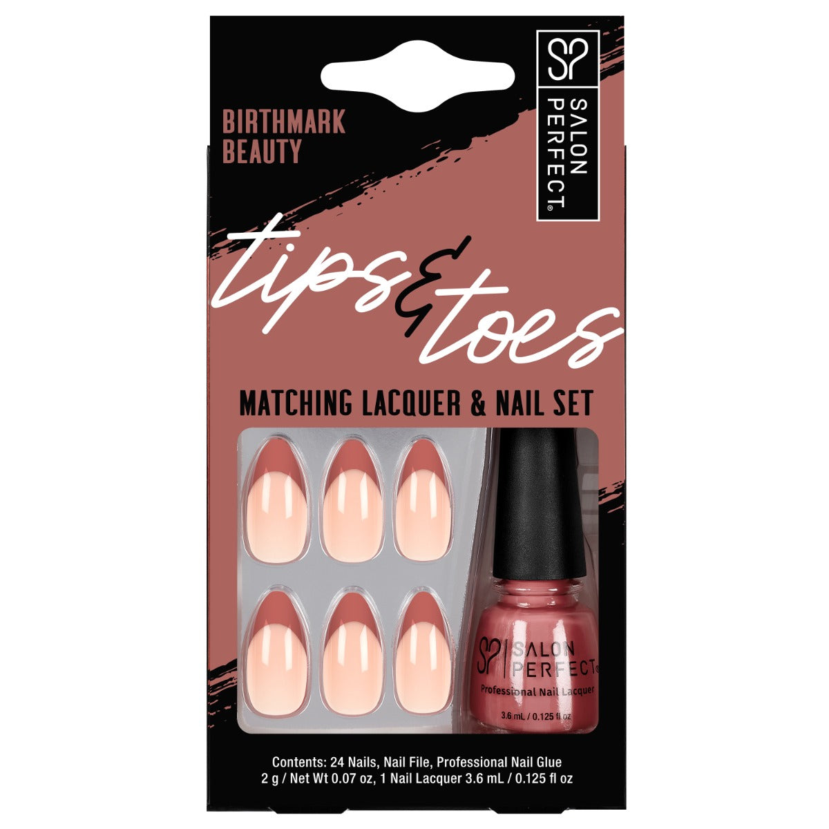 Salon Perfect Tips & Toes 'Birthmark Beauty' matching lacquer and press-on nail set with warm brown French tips, featuring 24 nails and nail polish.