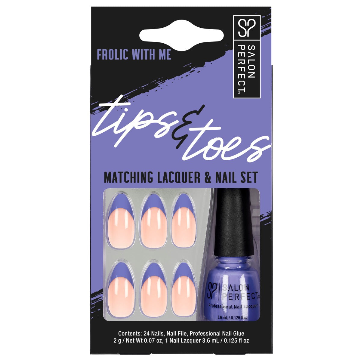 Salon Perfect Tips & Toes 'Frolic With Me' matching lacquer and press-on nail set with vibrant periwinkle French tips, featuring 24 nails and nail polish.