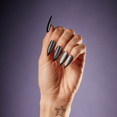 hand shot wearing SALON PERFECT NAIL 230 BLACK MAGNETIC FRENCH STILLETO  