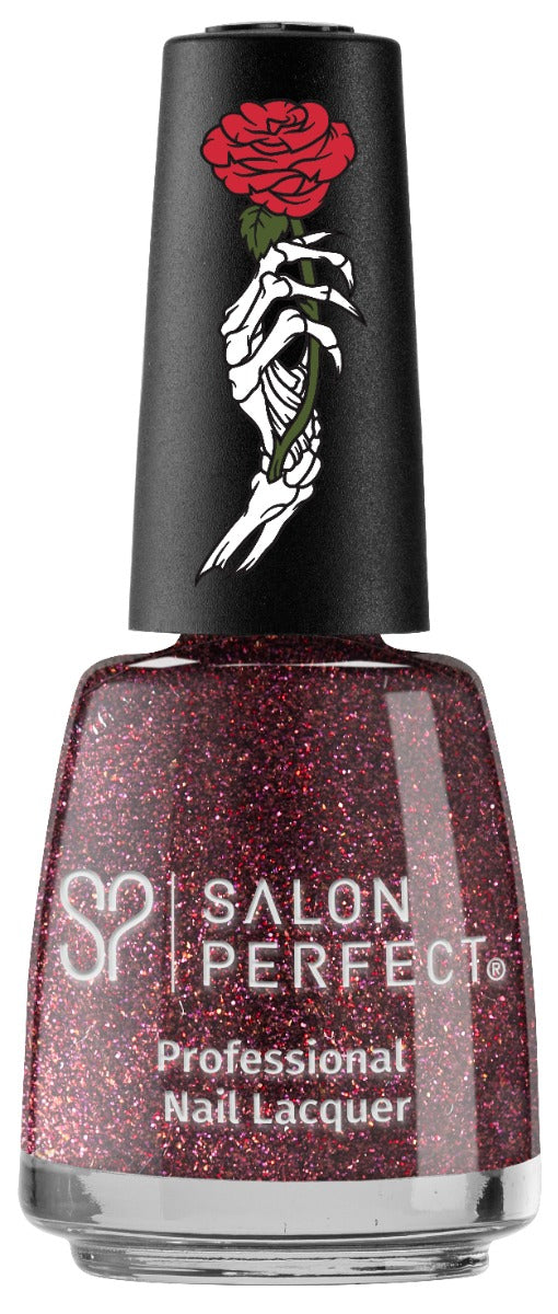 Salon Perfect deep red glitter nail lacquer with edgy skeleton hand and rose design on the cap. Bold, long-lasting, and high-shine finish.