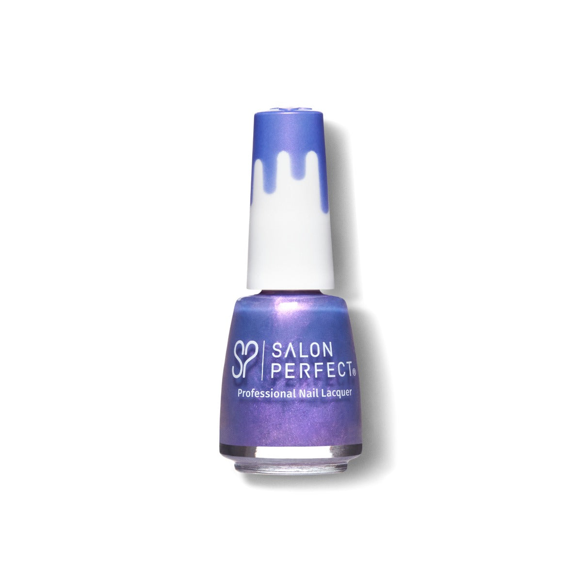 Salon Perfect professional nail lacquer in Peek-a-blue with a shimmer finish, featuring a unique drip-design cap.