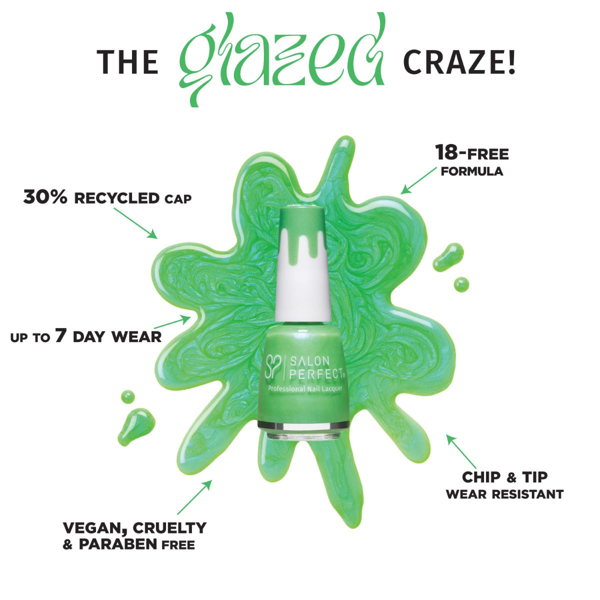 Salon Perfect Nail Lacquer .5oz 384 Honey Dew displayed stating the following: 30% Recycled cap, Up to 7 Day Wear, 18-free Formula, Vegan, Cruelty Free, and paraben free, and Chip & Tip Wear Resistant 