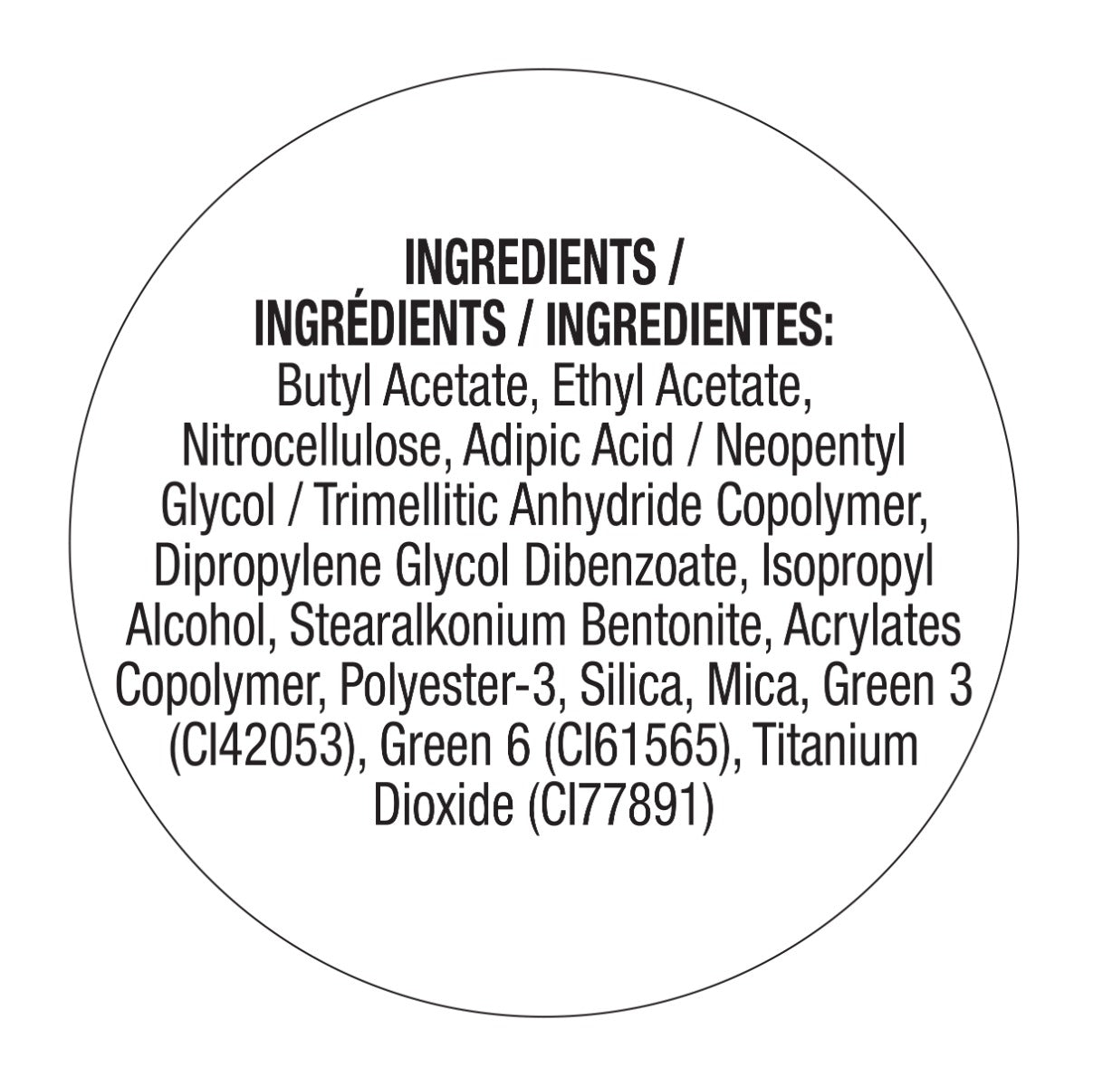 Ingredients label for a Salon Perfect nail polish product, listing key components including butyl acetate, ethyl acetate, nitrocellulose, and mica.