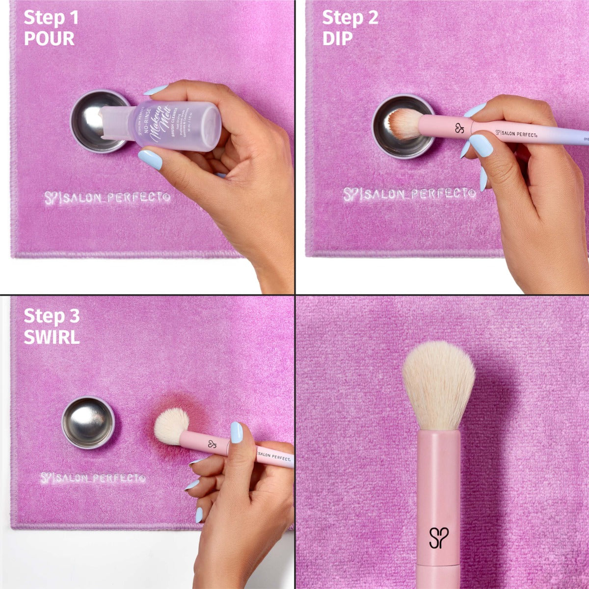 A image of steps demonstrating instructions. Step 1, pour cleaning solution into tin. Step 2, dip brush tip into tin. Step 3, swirl away makeup grime. 