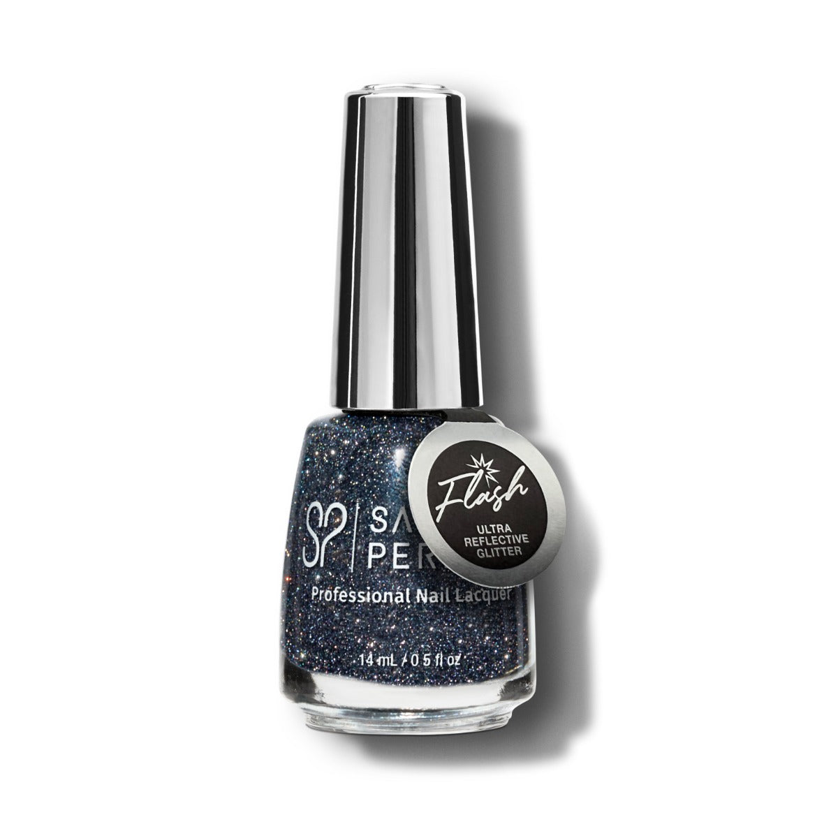 Salon Perfect Flash Ultra Reflective Glitter nail lacquer in deep black with silver sparkle, featuring a dazzling, high-shine finish.