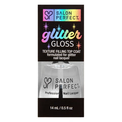 Salon Perfect Glitter Gloss texture-filling top coat, formulated for glitter nail lacquer, providing a smooth and glossy finish.