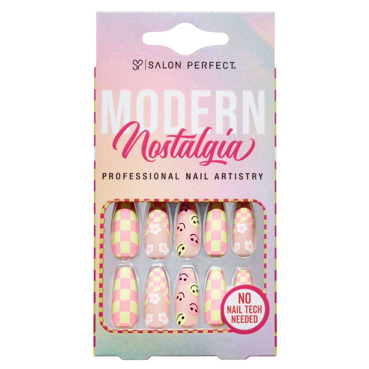 A front view of Salon Perfect Modern Nostalgia Pink Checker Artificial Nail set in packaging
