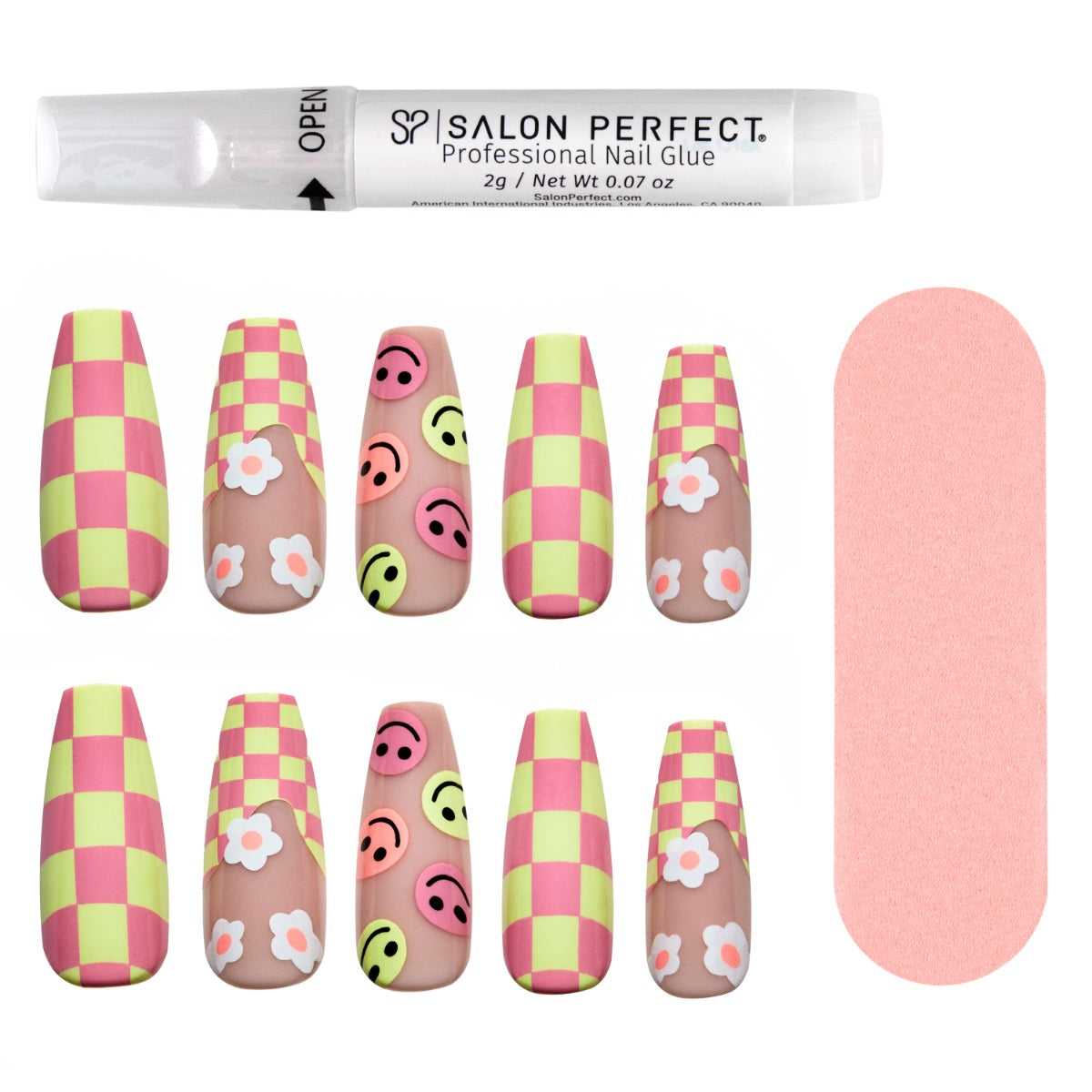 A front view of Salon Perfect Modern Nostalgia Pink Checker Artificial Nail Set with nail file and proffesional nail glue out of packaging
