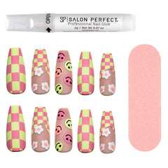 A front view of Salon Perfect Modern Nostalgia Pink Checker Artificial Nail Set with nail file and proffesional nail glue out of packaging

