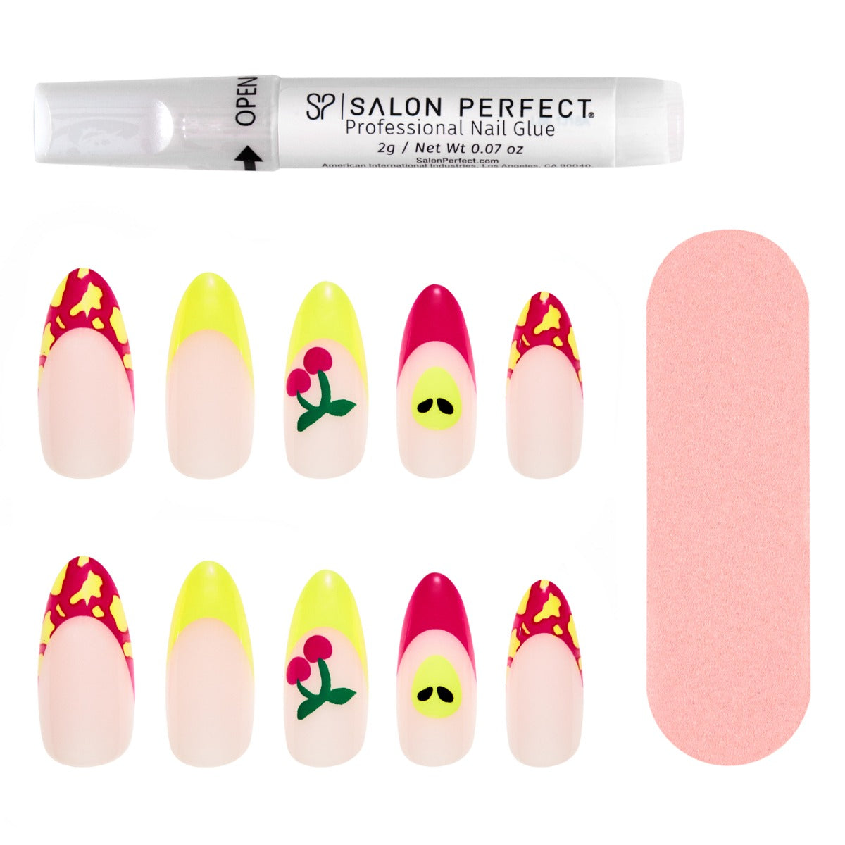 A front view of Salon Perfect Modern Nostalgia Cosmic Cherry Artificial Nail Set with nail file and proffesional nail glue out of packaging