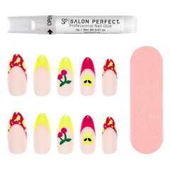 A front view of Salon Perfect Modern Nostalgia Cosmic Cherry Artificial Nail Set with nail file and proffesional nail glue out of packaging