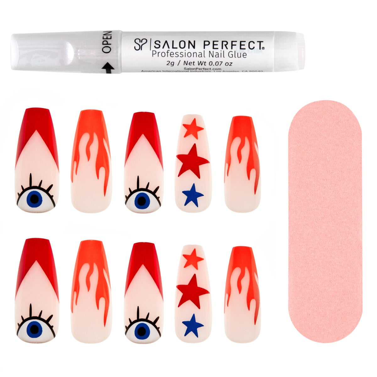 A front view of Salon Perfect Modern Nostalgia Fire Tip Artificial Nail Set with nail file and proffesional nail glue out of packaging
