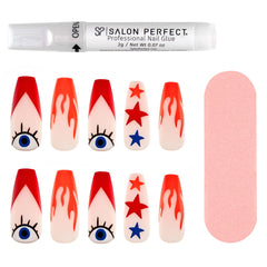 A front view of Salon Perfect Modern Nostalgia Fire Tip Artificial Nail Set with nail file and proffesional nail glue out of packaging

