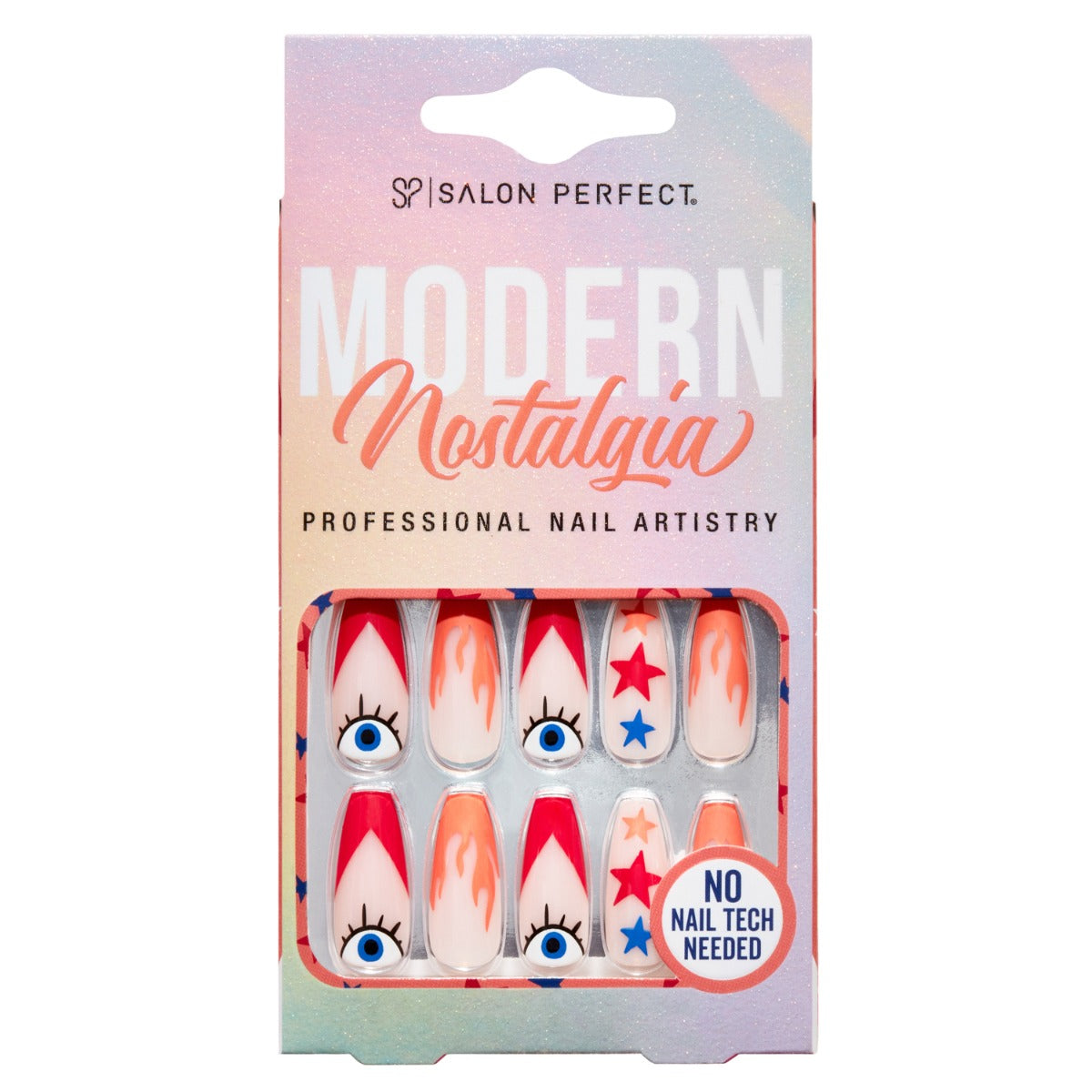 A front view of Salon Perfect Modern Nostalgia Fire Tip Artificial Nail set in packaging
