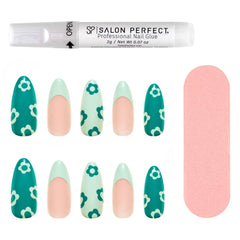 A front view of Salon Perfect Modern Nostalgia Mint Daisy Artificial Nail Set with nail file and proffesional nail glue out of packaging
