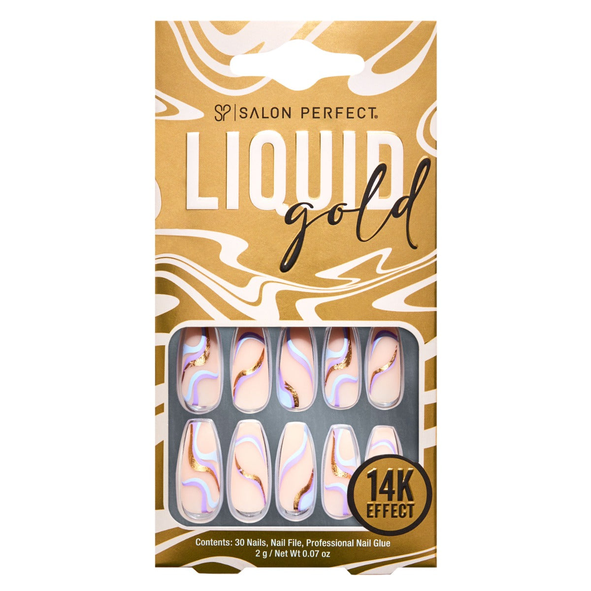 A front view of Salon Perfect Liquid Gold Purple Swirl Artificial Nail set in packaging
